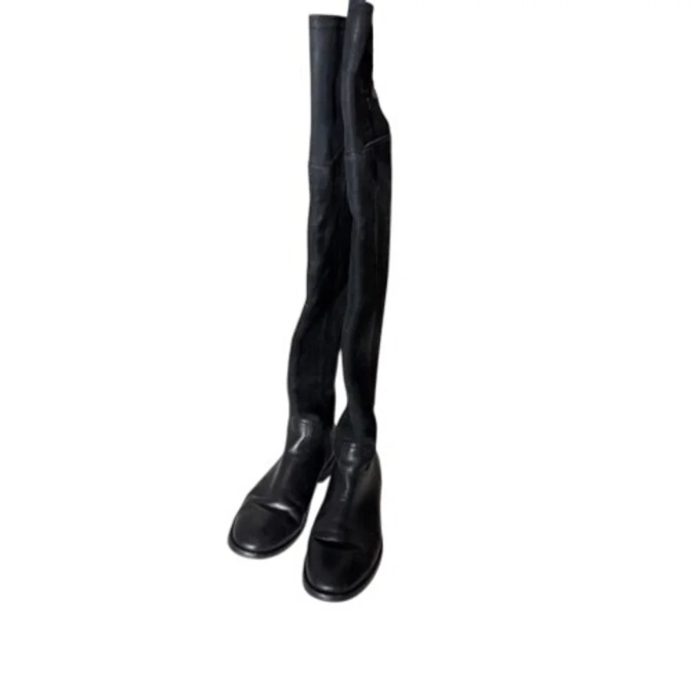 Tory Burch Black Leather Over the Knee Riding Boots Embossed Logo 5M 129114
